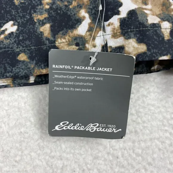 NWT Eddie Bauer Jacket Mens Size S Black Tan Packable Rainfoil Capers Waterproof